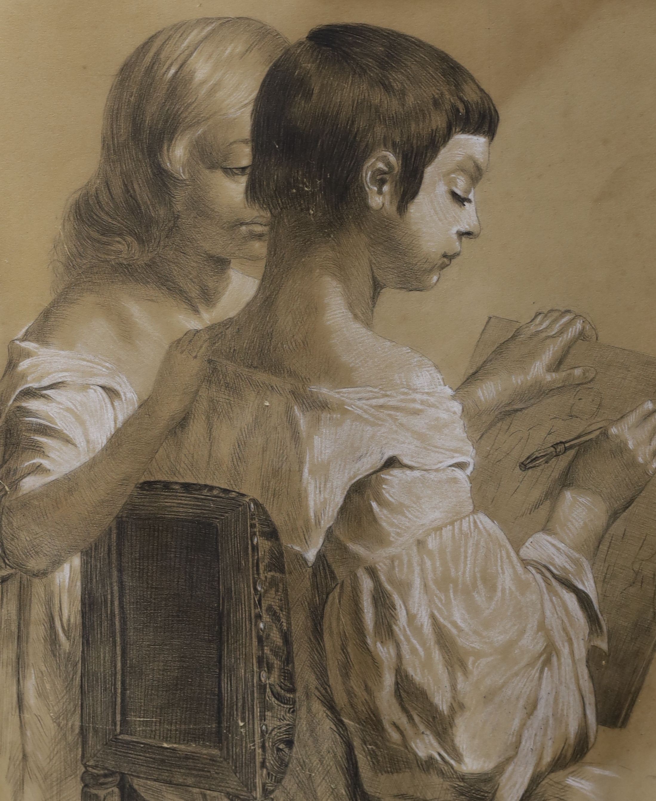 Continental School, pastel on brown paper, Study of a woman wearing a head scarf, 33 x 37cm and a late Victorian drawing of a child artist, 38 x 32cm